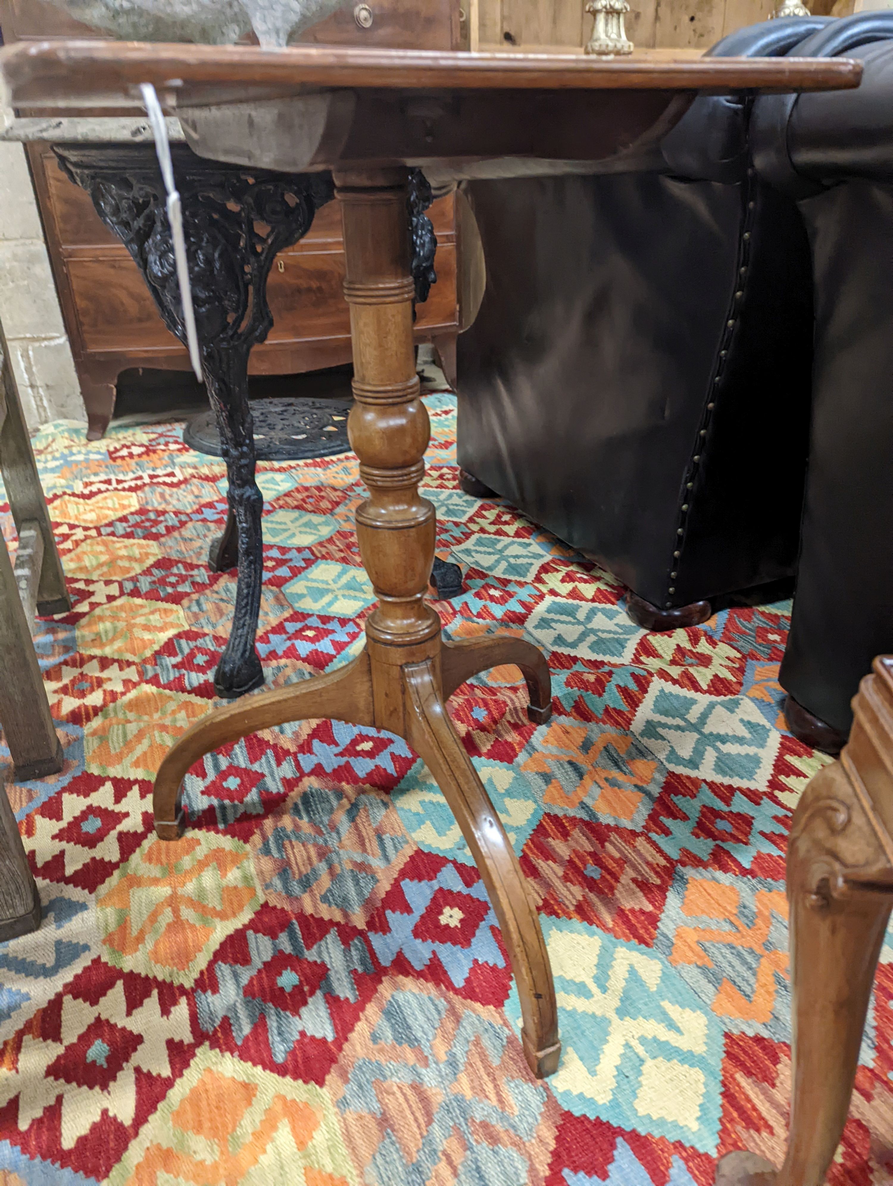 A George IV inlaid mahogany tilt top tripod wine table, width 45cm, depth 47cm, height 71cm together with a George II style rectangular mahogany occasional table